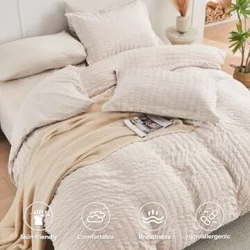 HYMOKEGE Beige Queen Comforter Set Seersucker 7 Pieces, All Season Luxury Bed in a Bag for Bedroom, Bedding Set with Comforters, Sheets, Pillowcases & Shams
