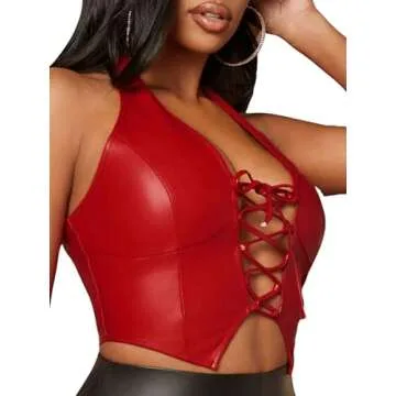 MakeMeChic Women's PU Leather Grommet Eyelet Lace Up Front Crop Halter Tops Sexy Backless Slim Fit Tank Tops Red Small