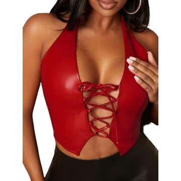 MakeMeChic Women's PU Leather Grommet Eyelet Lace Up Front Crop Halter Tops Sexy Backless Slim Fit Tank Tops Red Small