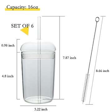 GYRUT 6 Pack Glass Coffee Cups with Lids and Straws