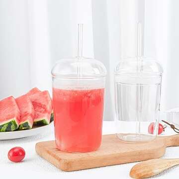 GYRUT 6 Pack Glass Coffee Cups with Lids and Straws