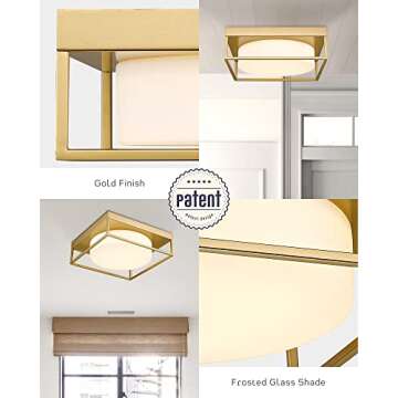 CALDION LED Ceiling Light, 12” 24W 950Lumens Square Flush Mount Ceiling Light Fixture, Dimmable 3000K, Gold Finish with Frosted Glass, Modern Ceiling Lamp for Bedroom, Kitchen, Hallway, 6870LFM-GD