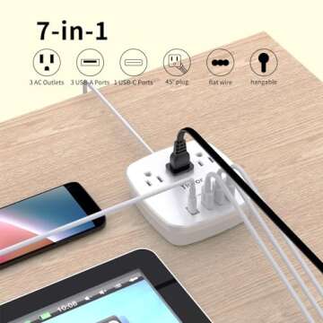 6 Ft Flat Extension Cord, Ultra Thin Flat Plug Power Strip - Yintar 3 Outlet Extender and 4 USB Ports Desktop Charging Station, No Surge Protection for Cruise Ship, Dorm Travel Essentials, ETL, White