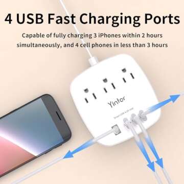 6 Ft Flat Extension Cord, Ultra Thin Flat Plug Power Strip - Yintar 3 Outlet Extender and 4 USB Ports Desktop Charging Station, No Surge Protection for Cruise Ship, Dorm Travel Essentials, ETL, White