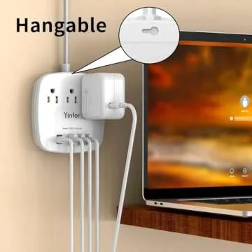 6 Ft Flat Extension Cord, Ultra Thin Flat Plug Power Strip - Yintar 3 Outlet Extender and 4 USB Ports Desktop Charging Station, No Surge Protection for Cruise Ship, Dorm Travel Essentials, ETL, White