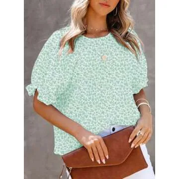 Dokotoo Women's 2025 Summer Blouses Boho Floral Print Casual Crewneck Ruffle Smocked Half Puff Sleev...