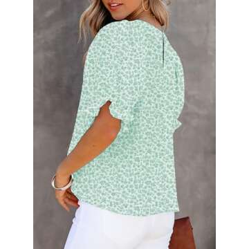Dokotoo Women's 2025 Summer Blouses Boho Floral Print Casual Crewneck Ruffle Smocked Half Puff Sleeves Chiffon Babydoll Flowy Shirts Holiday Wedding Guest Tops for Women Party Green M