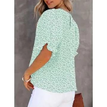 Dokotoo Women's 2025 Summer Blouses Boho Floral Print Casual Crewneck Ruffle Smocked Half Puff Sleeves Chiffon Babydoll Flowy Shirts Holiday Wedding Guest Tops for Women Party Green M