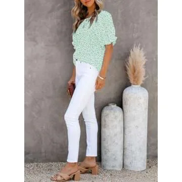 Dokotoo Women's 2025 Summer Blouses Boho Floral Print Casual Crewneck Ruffle Smocked Half Puff Sleeves Chiffon Babydoll Flowy Shirts Holiday Wedding Guest Tops for Women Party Green M