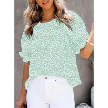 Dokotoo Women's 2025 Summer Blouses Boho Floral Print Casual Crewneck Ruffle Smocked Half Puff Sleeves Chiffon Babydoll Flowy Shirts Holiday Wedding Guest Tops for Women Party Green M