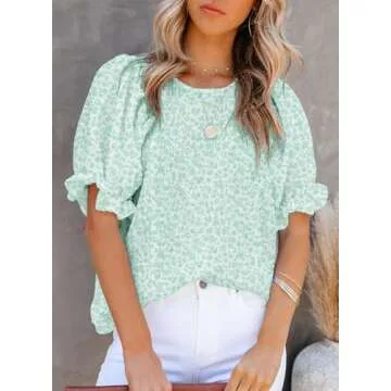 Dokotoo Women's 2025 Summer Blouses Boho Floral Print Casual Crewneck Ruffle Smocked Half Puff Sleeves Chiffon Babydoll Flowy Shirts Holiday Wedding Guest Tops for Women Party Green M