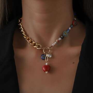 CJIAYUJEW Colorful Gold Chunky Heart Necklace for Women Heart Pendant OT Cuban Chain Necklace Boho Trendy Dainty Cute Heart Choker Necklace (Style A)