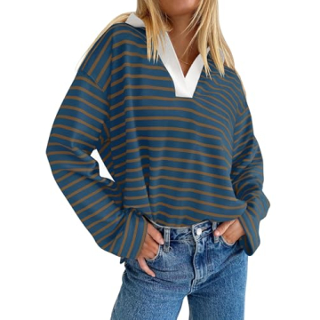 ZESICA Womens Striped Long Sleeve Tops Oversized Sweatshirt V Neck Loose Fit Tunic Tops Spring Casual Blouses,DarkBlue,Medium