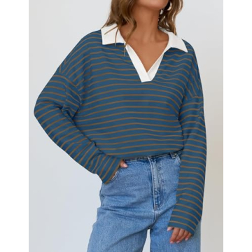 ZESICA Womens Striped Long Sleeve Tops Oversized Sweatshirt V Neck Loose Fit Tunic Tops Spring Casual Blouses,DarkBlue,Medium