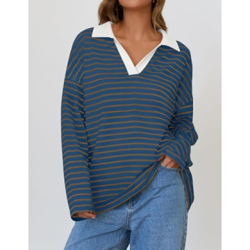 ZESICA Womens Striped Long Sleeve Tops Oversized Sweatshirt V Neck Loose Fit Tunic Tops Spring Casual Blouses,DarkBlue,Medium