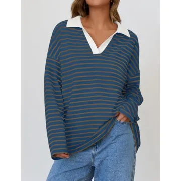 ZESICA Womens Striped Long Sleeve Tops Oversized Sweatshirt V Neck Loose Fit Tunic Tops Spring Casual Blouses,DarkBlue,Medium