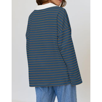 ZESICA Womens Striped Long Sleeve Tops Oversized Sweatshirt V Neck Loose Fit Tunic Tops Spring Casual Blouses,DarkBlue,Medium