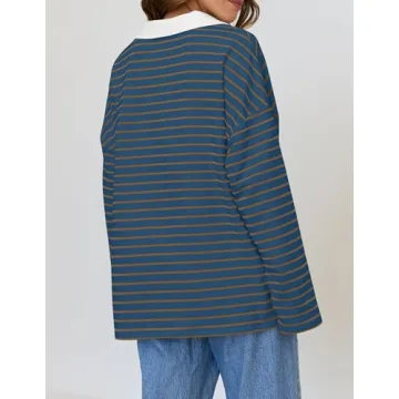 ZESICA Womens Striped Long Sleeve Tops Oversized Sweatshirt V Neck Loose Fit Tunic Tops Spring Casual Blouses,DarkBlue,Medium