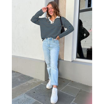 ZESICA Womens Striped Long Sleeve Tops Oversized Sweatshirt V Neck Loose Fit Tunic Tops Spring Casual Blouses,DarkBlue,Medium