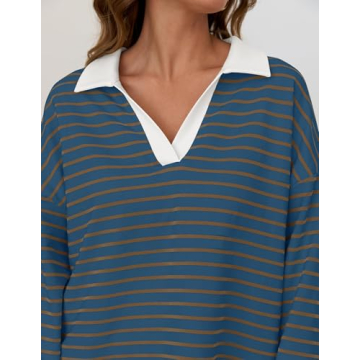 ZESICA Womens Striped Long Sleeve Tops Oversized Sweatshirt V Neck Loose Fit Tunic Tops Spring Casual Blouses,DarkBlue,Medium