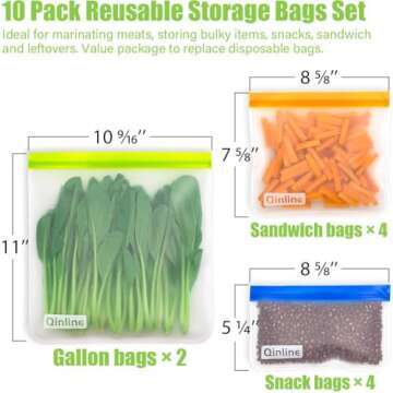 Qinline Reusable Food Storage Bags - 10 Pack Freezer Bags, Reusable Bags Silicone, Extra Thick Leakp...