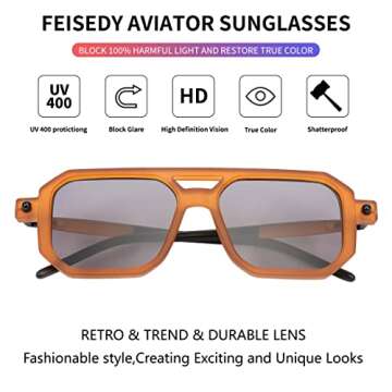 FEISEDY Vintage Square 70s Flat Aviator Sunglasses Women Men Classic Retro Stylish Frame UV400 Sunglasses B2622
