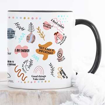 YouNique Designs Daily Affirmations Self Care Mug for Women, 11 Ounces, Mental Health Cup, Empowering Women Coffee Mug, Mindfulness Mug, Encouragement Cup for Women (Black Handle)