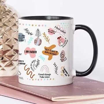 YouNique Designs Daily Affirmations Self Care Mug for Women, 11 Ounces, Mental Health Cup, Empowering Women Coffee Mug, Mindfulness Mug, Encouragement Cup for Women (Black Handle)