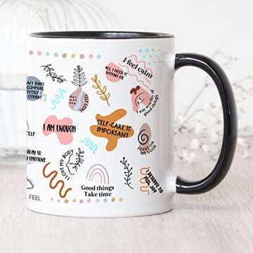 YouNique Designs Daily Affirmations Self Care Mug for Women, 11 Ounces, Mental Health Cup, Empowering Women Coffee Mug, Mindfulness Mug, Encouragement Cup for Women (Black Handle)