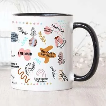YouNique Designs Daily Affirmations Self Care Mug for Women, 11 Ounces, Mental Health Cup, Empowering Women Coffee Mug, Mindfulness Mug, Encouragement Cup for Women (Black Handle)