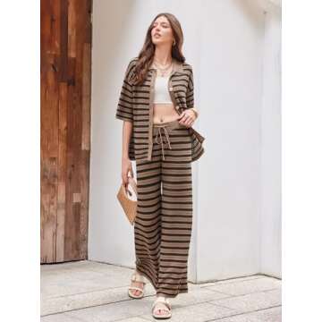 Tankaneo Womens Knit 2 Piece Lounge Sets Striped Short Sleeve Tops and Wide Leg Pants Travel Airport Vacation Outfits Brown