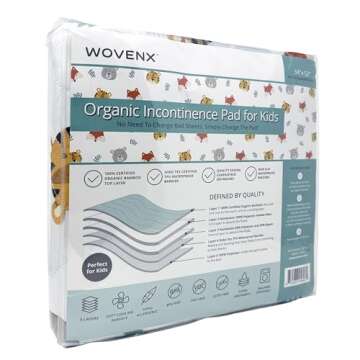 WOVENX Organic Incontinence Pads for Kids & Toddlers - 5 Layer Waterproof Protectors for Overnight Bed Wetting - Reusable & Washable Pee Pads - Fits Twin to Full Size Beds - 34" x 52" Tiger Bear Fox