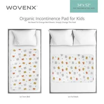 WOVENX Organic Incontinence Pads for Kids & Toddlers - 5 Layer Waterproof Protectors for Overnight Bed Wetting - Reusable & Washable Pee Pads - Fits Twin to Full Size Beds - 34" x 52" Tiger Bear Fox