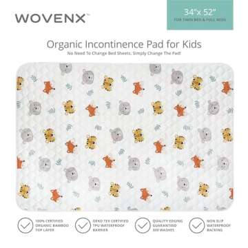 WOVENX Organic Incontinence Pads for Kids & Toddlers - 5 Layer Waterproof Protectors for Overnight Bed Wetting - Reusable & Washable Pee Pads - Fits Twin to Full Size Beds - 34" x 52" Tiger Bear Fox