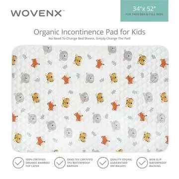WOVENX Organic Incontinence Pads for Kids & Toddlers - 5 Layer Waterproof Protectors for Overnight Bed Wetting - Reusable & Washable Pee Pads - Fits Twin to Full Size Beds - 34" x 52" Tiger Bear Fox
