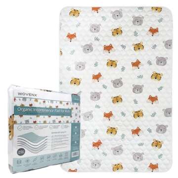 WOVENX Organic Incontinence Pads for Kids & Toddlers - 5 Layer Waterproof Protectors for Overnight Bed Wetting - Reusable & Washable Pee Pads - Fits Twin to Full Size Beds - 34" x 52" Tiger Bear Fox
