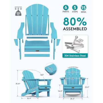 SERWALL Folding Adirondack Chair Outdoor Adirondack Chairs Weather Resistant Patio Chair - Light Blue