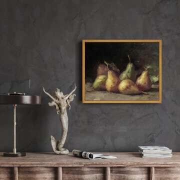 Roslynity Framed Canvas Wall Art Vintage Print Oil Paintings Pear Still Life Moody Antique Country Retro Aesthetic Artwork for Home Living Room Bathroom Kitchen Shelf Wall Decor (8"x10")