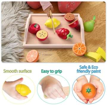 Wooden Toys for 2 Year Old - Pretend Play Food Set for Kids Play Kitchen,9 Cuttable Toy Fruit and Veg with Wooden Knif and Tray,Gift Idea for Boys Girls Birthday