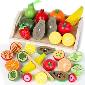 Wooden Toys for 2 Year Old - Pretend Play Food Set for Kids Play Kitchen,9 Cuttable Toy Fruit and Veg with Wooden Knif and Tray,Gift Idea for Boys Girls Birthday