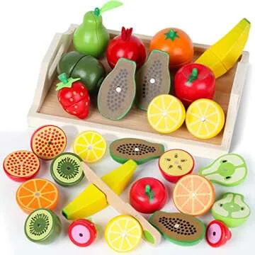 Wooden Toys for 2 Year Old - Pretend Play Food Set for Kids Play Kitchen,9 Cuttable Toy Fruit and Veg with Wooden Knif and Tray,Gift Idea for Boys Girls Birthday