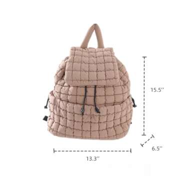VAKAER Puffer Backpack for Women Lightweight Quilted Hiker Pack with Drawstring Padding Backpacks for Travel Gym (Khaki)