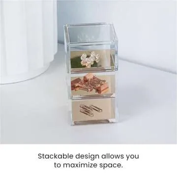 OfficeGoods 3-Tier Stackable Acrylic Holder- Stylish Desk Organizer and Storage for Office or Home – Transparent Square Design with Gold Metal Base