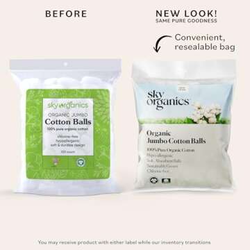 Sky Organics Organic Jumbo Cotton Balls for Sensitive Skin, 100% Pure GOTS Certified Organic for Beauty & Personal Care, 60 ct.