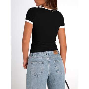 PRETTYGARDEN Women's Summer Short Sleeve T Shirts Ribbed Knit Square Neck Color Block Slim Fit Basic...