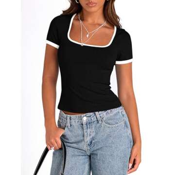PRETTYGARDEN Women's Summer Short Sleeve T Shirts Ribbed Knit Square Neck Color Block Slim Fit Basic Casual Crop Tops Blouses (Black,Large)