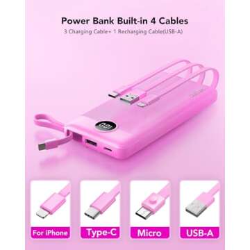 VRURC Portable Charger 10000mAh, Slim LED Display Power Bank, 5 Output 2 Input Cell Phone Battery Pack,Built-in Micro & USB C Cables Phone Charger Compatible with iPhone,Samsung,Android-Purple(1 Pack)