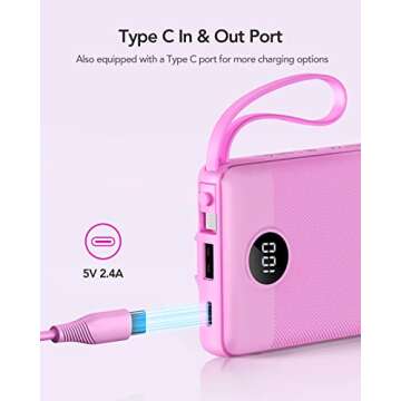 VRURC Portable Charger 10000mAh, Slim LED Display Power Bank, 5 Output 2 Input Cell Phone Battery Pack,Built-in Micro & USB C Cables Phone Charger Compatible with iPhone,Samsung,Android-Purple(1 Pack)