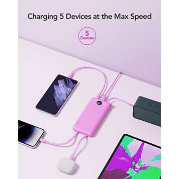 VRURC Portable Charger 10000mAh, Slim LED Display Power Bank, 5 Output 2 Input Cell Phone Battery Pack,Built-in Micro & USB C Cables Phone Charger Compatible with iPhone,Samsung,Android-Purple(1 Pack)