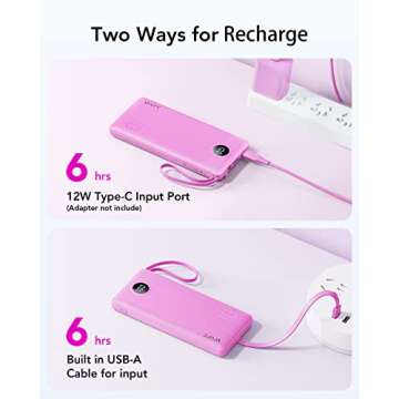 VRURC Portable Charger 10000mAh, Slim LED Display Power Bank, 5 Output 2 Input Cell Phone Battery Pack,Built-in Micro & USB C Cables Phone Charger Compatible with iPhone,Samsung,Android-Purple(1 Pack)